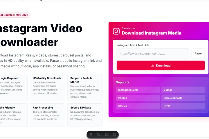 Savely Instagram downloader page showing Reels, stories, and carousel support